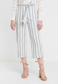 Gestreepte cropped pantalons in lichtblauw en witte linnenmix, met een ceintuur in de taille en een wijd beenontwerp. Gecombineerd met beige sandalen met hakken en bandjes.