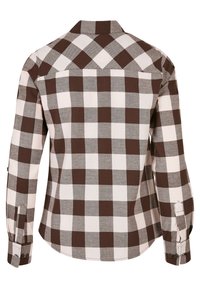 Camicia button-up a quadri marrone e bianco, con colletto classico, maniche lunghe e dettagli ai polsini, realizzata in un tessuto intrecciato.