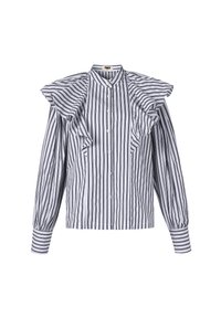 Witte en zwarte blouse met verticale strepen, met gerimpelde schouderdetails, lange mouwen, knoopsluiting aan de voorkant en een staande kraag.