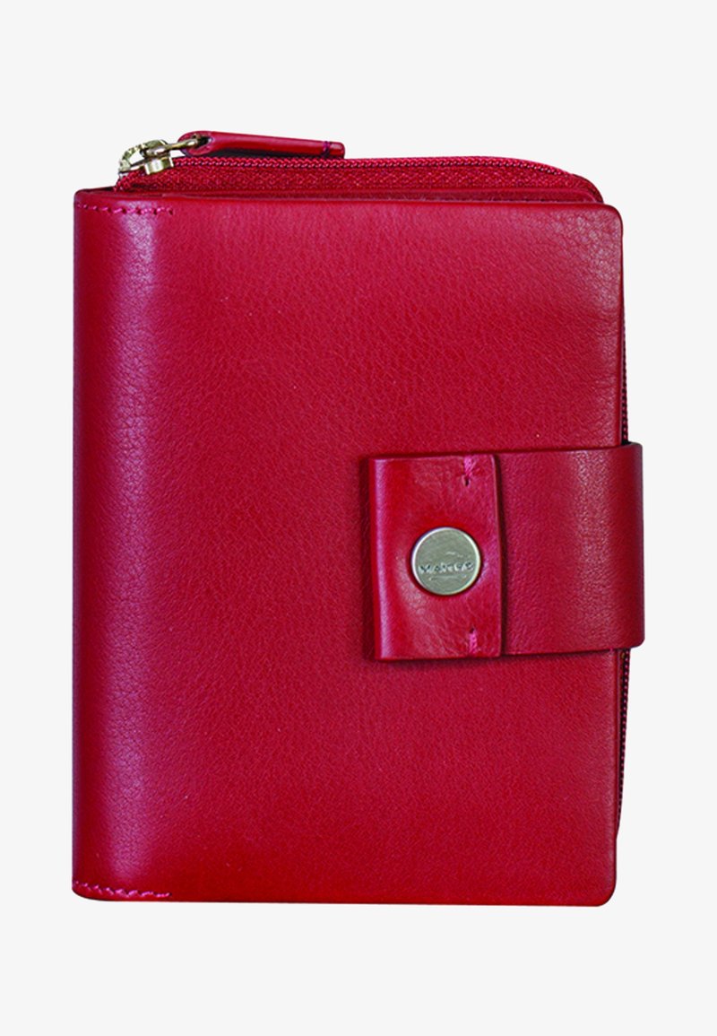 Red leather wallet with a textured finish, featuring a zip closure and a magnetic snap. Includes a silver logo accent.