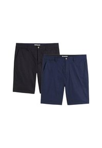 Due pantaloni shorts: uno in nero solido e l'altro in blu navy solido. Entrambi presentano una vita standard e tasche anteriori.