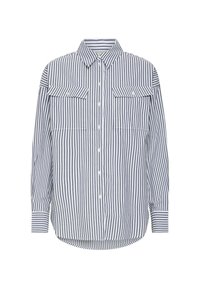 Gestreiftes Button-up-Hemd in navy und weiß, aus Baumwollstoff, mit langen Ärmeln, zwei Brusttaschen, abgerundetem Saum und klassischem Kragen-Design.
