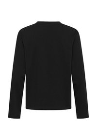 Czarny longsleeve z długimi rękawami wykonany z miękkiego materiału, z okrągłym dekoltem i prostym krojem. Bezszwowe plecy bez widocznych znaków towarowych lub akcentów.