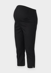 Pantalons en stretch noirs avec une taille élastique, longueur cropped et fentes latérales aux ourlets pour un confort de mouvement. Texture lisse.