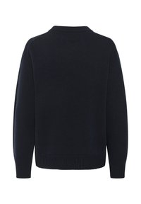 Navy knit sweater with a crew neckline and ribbed cuffs and hem. The back is simple with no graphic or embellishments.