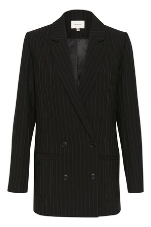 Svart stripete dobbelspent blazer med satengfinish, spisse revers og to frontlommer. Har kontrasterende grønne striper.