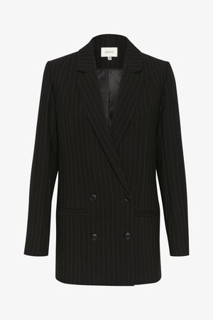 Blazer doppio petto a righe nere con finitura in satin, rever a punta e due tasche frontali. Presenta righe a contrasto verdi.