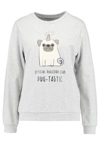 Felpa grigia chiara con una grafica di un bulldog francese con un corno da unicorno, accompagnata dal testo "Club Ufficiale Pugicorn Pug-Tastico."