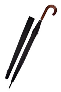 Czarna parasolka z zaokrąglonym drewnianym uchwytem i żebrowanym tkaninowym daszkiem. W komplecie z dopasowanym czarnym pokrowcem do przechowywania.