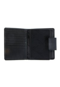 Black leather wallet with multiple card slots, a textured interior, and a smooth clasp closure. Open design without visible branding.