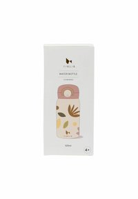 Vandflaske med cylindrisk form, lavet af plastik. Har et pastelfarvet pink låg og blomsterdesign i grønne, gule og brune nuancer. 320 ml kapacitet.
