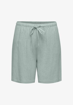 Pantaloni scurți casual albastru deschis, cu talie elastică și șnur frontal, confecționați din țesătură moale și texturată.