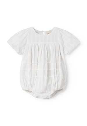 Bel beli otroški pajac z nabranimi rokavi, teksturiranim vzorcem pikic in s pritisnimi zapirali na spodnjem delu za enostavno menjavo plenic.