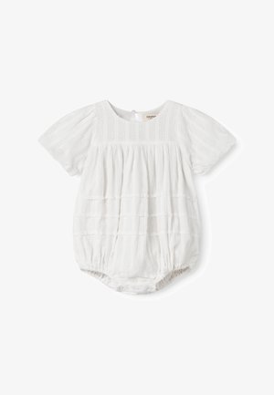 Barboteuse blanche pour bébé avec manches bouffantes, motif à pois en relief et boutons-pression au bas pour faciliter le changement de couche.