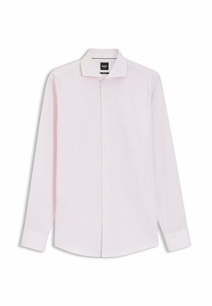 Hellrosa langärmliges Hemd aus glattem Stoff. Mit spitzem Kragen, Knopfleiste und dezentem vertikalem Streifenmuster.