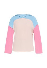 Kapuzensweatshirt aus strukturiertem Stoff, mit rosa, blauen und beigen Abschnitten, langen Ärmeln und lockerer Passform.