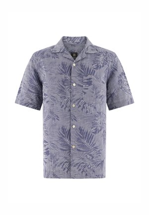 Camisa de manga corta con botones, con patrón tropical de hojas en azul y gris y un bolsillo en el pecho en el lado izquierdo.