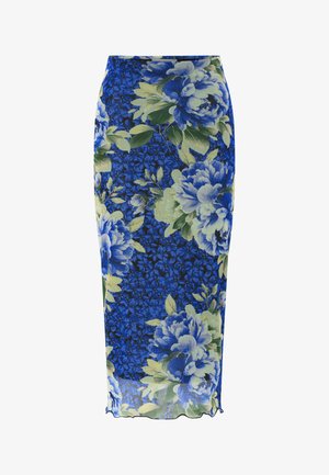 Cvetlična pencil krilo z živahno modro podlago in velikimi zelenimi in modrimi cvetovi. Oblika s prileganim silhueto in valovitim robom.