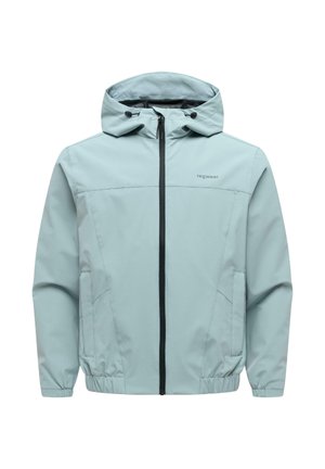 Veste à capuche bleu clair avec fermeture éclair à l'avant, deux poches latérales, poignets élastiques et cordons de serrage réglables sur la capuche.