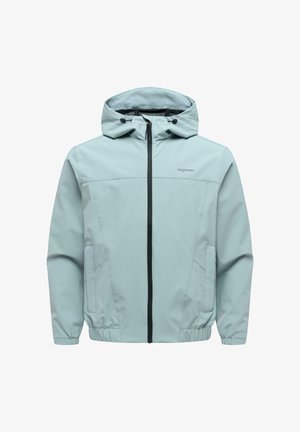 Hellblaue Kapuzenjacke mit Frontreißverschluss, zwei Seitentaschen, elastischen Bündchen und verstellbaren Kordeln an der Kapuze.