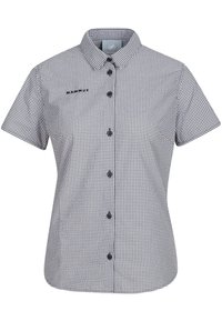 Camicetta a maniche corte in bianco e nero a scacchi, con colletto a punta, caratterizzata da un logo sul lato sinistro del petto e cinque bottoni neri sul davanti.