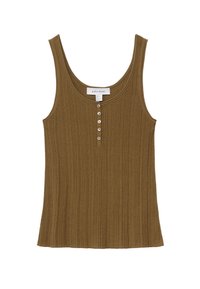 Brown ribbed tank top featuring a scoop neck and a button placket with five buttons at the front. Soft texture and fitted design.