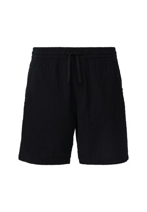 Zwarte shorts met een gestreept wafelpatroon, elastische tailleband en verstelbare koord. Eenvoudig ontwerp zonder zakken. Casual pasvorm.