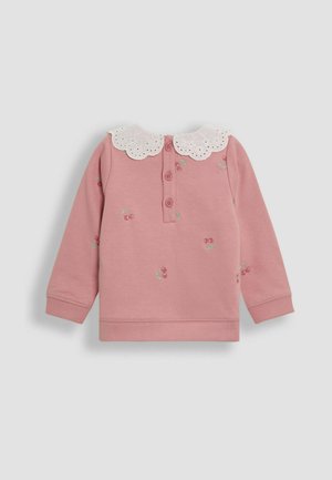 Light pink sweatshirt featuring a decorative white eyelet collar, three front buttons, and cherry embroidery details throughout.