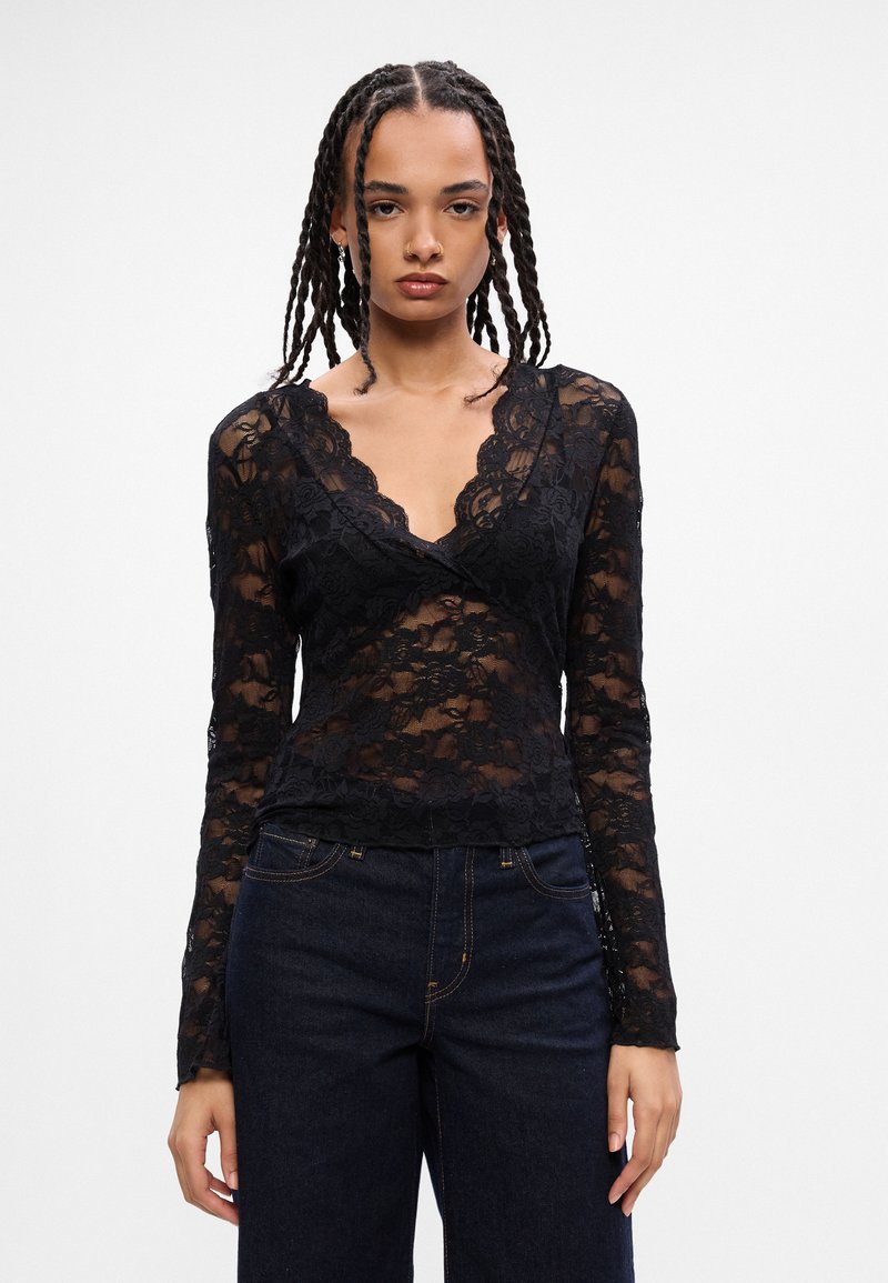 Maglietta Donna A Maniche Lunghe Con Patchwork In Pizzo – Scollo A V, Casual E Fashion, Perfetta Per Ufficio E Tempo Libero