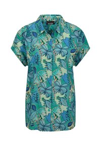 Chemise à manches courtes boutonnée avec motif de papillons bleus et verts et feuilles, col pointu, et étiquette de la marque à l'intérieur du col.