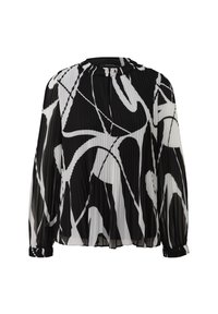 Czarna i biała bluzka plisowana z wysokim dekoltem, długimi rękawami, abstrakcyjnymi wzorami i zaszewkami przy mankietach. Lekki materiał o swobodnym układzie.