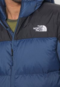Homme portant une doudoune North Face bleue et noire avec une fermeture éclair visible et un logo sur la poitrine.