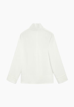 Weißes Langarmshirt mit hohem Kragen, minimalistischem Design und glatter Textur. Mit Reißverschluss auf der Rückseite und umgeschlagenen Manschetten.