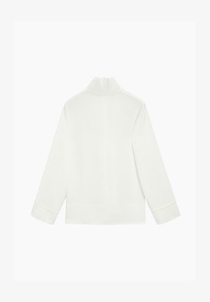 Weißes Langarmshirt mit hohem Kragen, minimalistischem Design und glatter Textur. Mit Reißverschluss auf der Rückseite und umgeschlagenen Manschetten.