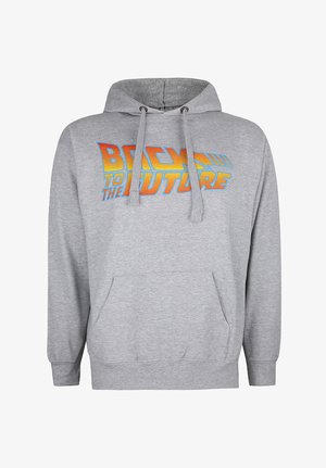 Grauer Kapuzenpullover mit einer vorderen Kängurutasche und einem bunten "Zurück in die Zukunft"-Logo, das über die Brust gedruckt ist.