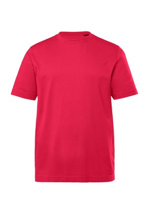 Camisa de algodón de manga corta en color rosa brillante, con cuello redondo, textura suave y un corte relajado. Sin patrones ni acentos visibles.
