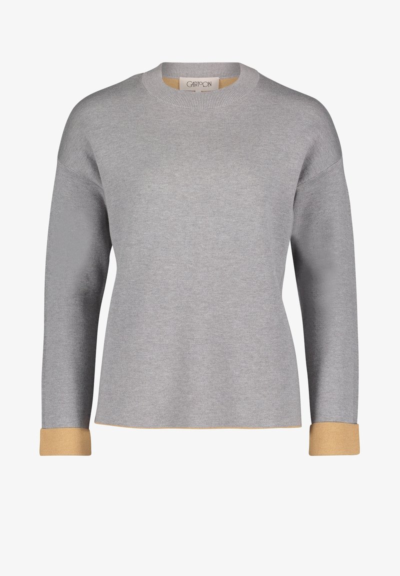 Pull en maille gris clair avec col rond, manches longues et poignets ainsi que ourlet beige retournés.