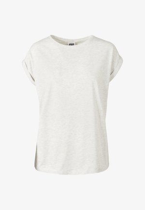 Hellgraues T-Shirt mit kurzen Ärmeln aus weichem, strukturiertem Stoff. Verfügt über einen runden Ausschnitt und aufgeschlagene Ärmel. Einfaches Design ohne Verzierungen.