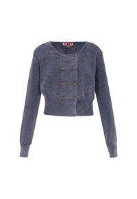 Maglione cropped blu navy con motivo testurizzato, orlo e polsini a costine, caratterizzato da accenti con bottoni dorati doppi sul davanti.
