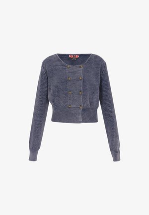 Granatowy krótki sweter z fakturowanym wzorem, prążkowanym dołem i mankietami, z podwójnymi złotymi guzikami z przodu.