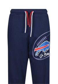Marinebl�å sweatpants med røde og hvide snore. Har et grafisk billede af en blå bison og teksten "Go Bills" på venstre ben. Blød tekstur.