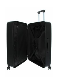 Valise rigide noire avec doubles compartiments, poches zippées intérieures, sangles réglables et roues silencieuses.