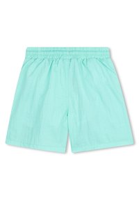 Ανοιχτό μπλε σορτς με ελαστική μέση από μαλακό, υφασμάτινο ύφασμα με υφή. Φτάνουν μέχρι το γόνατο, έχουν άνετη εφαρμογή και δεν διαθέτουν εμφανείς τσέπες ή διακοσμητικά.