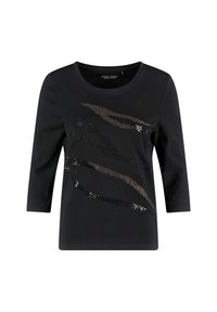 T-shirt nera di cotone con maniche 3/4 caratterizzata da un design testurizzato di paillettes nere e marroni e motivi in rete sul davanti.