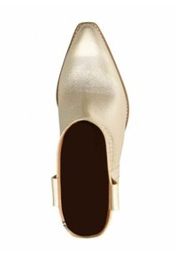 Gold metallic ankle boot with a pointed toe, smooth texture, open back, and minimalistic design. No visible embellishments.