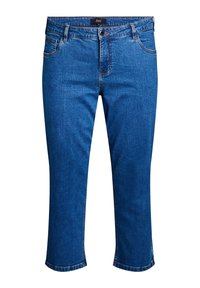 Pantalons capri en denim de couleur bleu moyen, dotés d'une fermeture à bouton, d'un design à cinq poches et de coutures visibles sur l'ourlet et les poches.