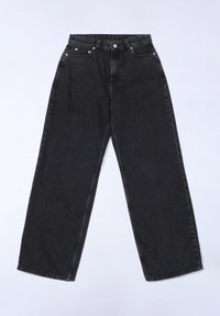 Zwarte wijde denim jeans met een hoge taille, voorzien van een sluiting met een knoop aan de voorkant en een klassiek vijf-pocket ontwerp.