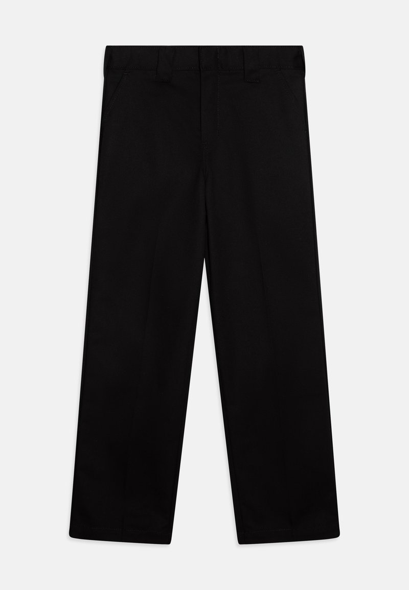 Calças pretas ajustadas, feitas de um tecido com textura suave, apresentando um design de perna reta e dois bolsos frontais.