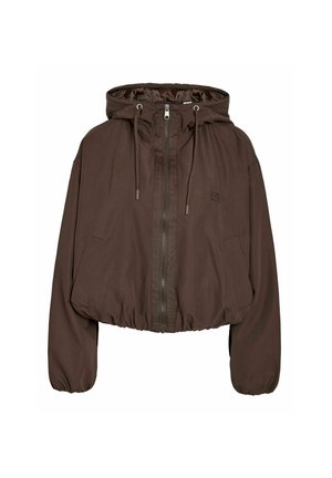 Veste courte marron à capuche avec fermeture éclair à l'avant, capuche à cordon de serrage, poignets et ourlet élastiques, et deux poches latérales.