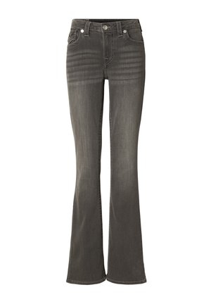 Grau ausgestellte Jeans aus Denim, mit einem klassischen Fünf-Taschen-Design, sichtbaren Nähten und einem Reißverschluss mit Metallknopfverschluss.